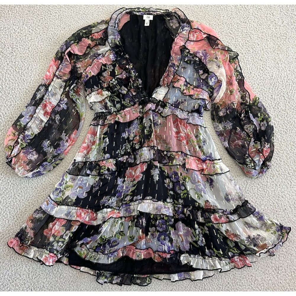 River‎ island Paisley Ruffle Tiered Gold Metallic Accent Deep V
